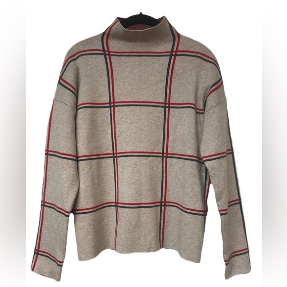 NWOT Tahari Luxe Mock Neck Plaid Sweater Tan, red, gray Size M - Picture 5 of 7